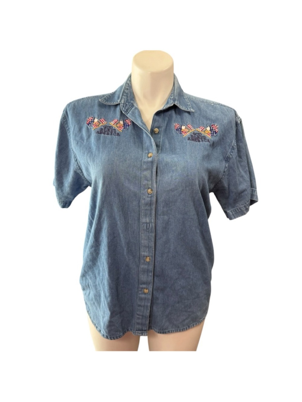 Vintage Maggie & Max God Bless America Denim Shirt Womens Large Patriotic USA